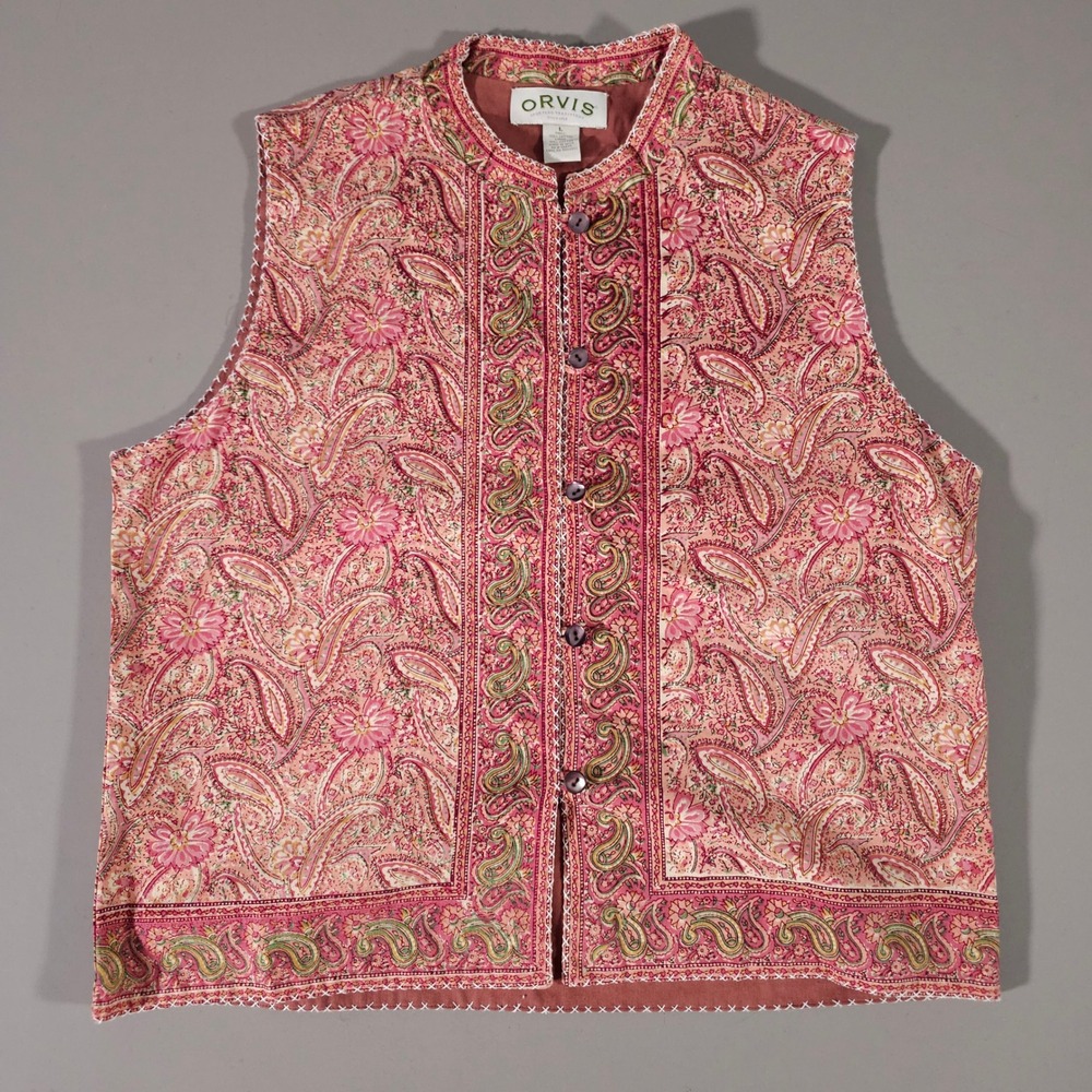 Orvis Vest Womens Large Pink Paisley Floral Cotton Button Front Sleeveless